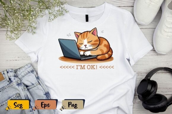 I m OK Funny Lazy Cat Working on Laptop Graphics for T-Shirt Designs